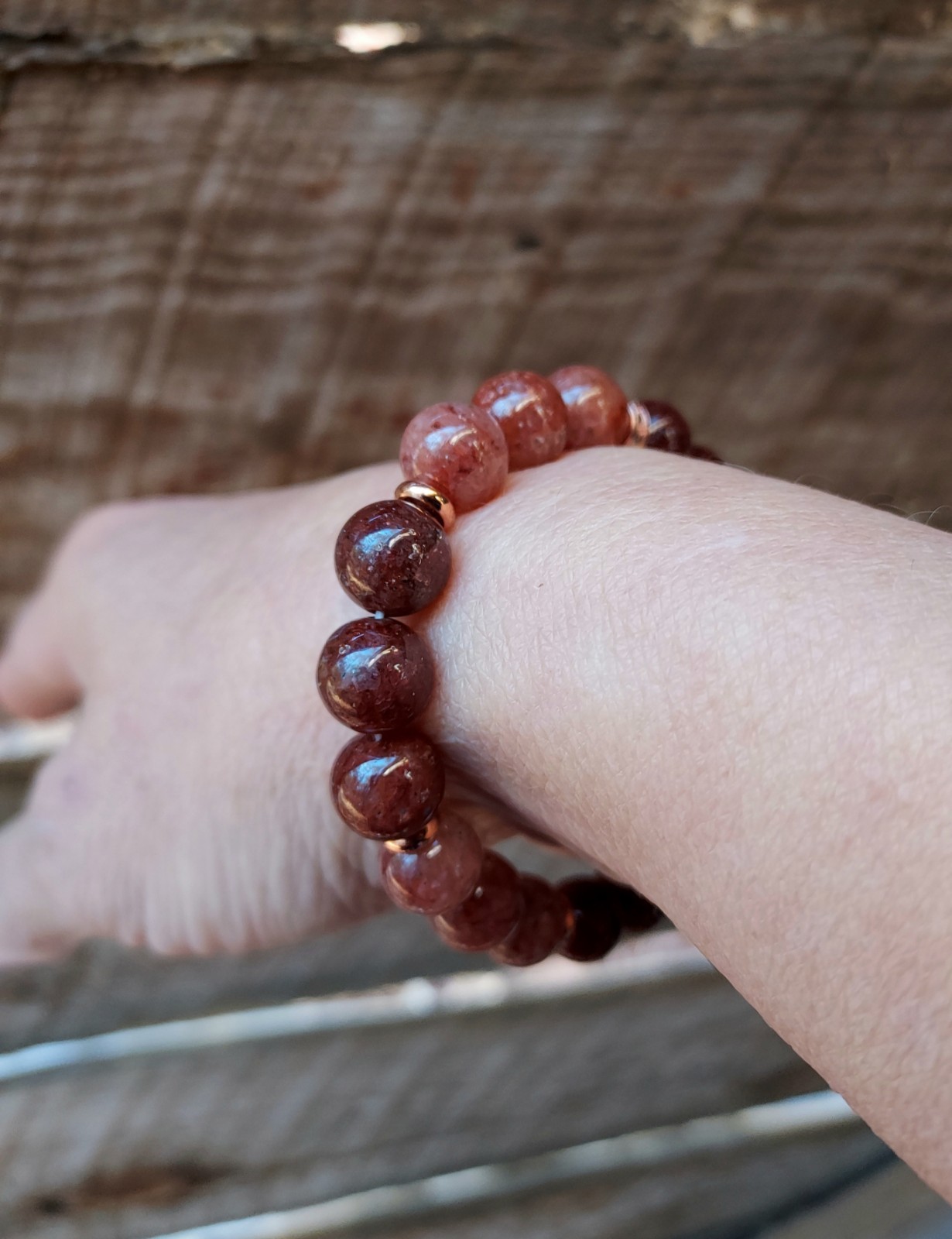 Red Phantom Quartz Gem Bead Bracelet In Rose Gold Stretch One of a Kind 6.75″