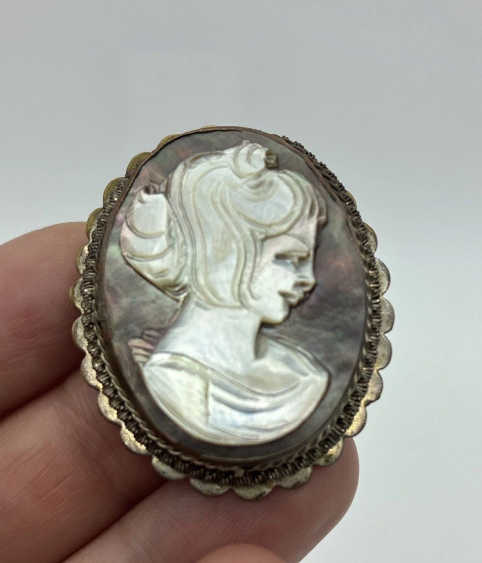 Vintage Cameo Brooch Pendant Lot Hand Carved Pin Poet Core Signed Mid Century