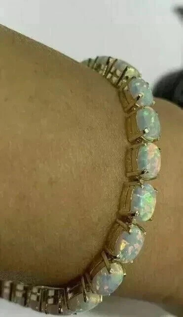 5.00Ct Oval Lab Created Fire Opal Women’s Tennis Bracelet 14k Yellow Gold Plated