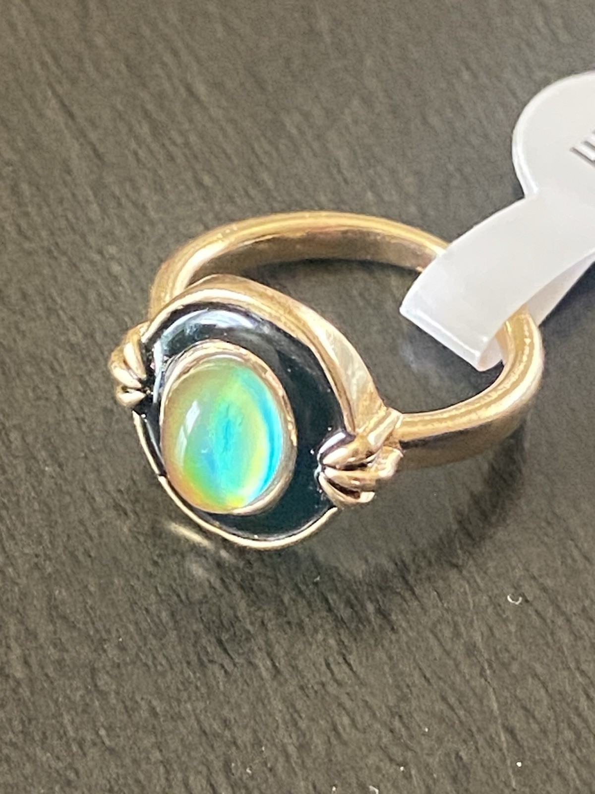 Elegant Gold-Plated Copper Mood Ring | Black Enamel & Oval Glass Stone Size 8.5