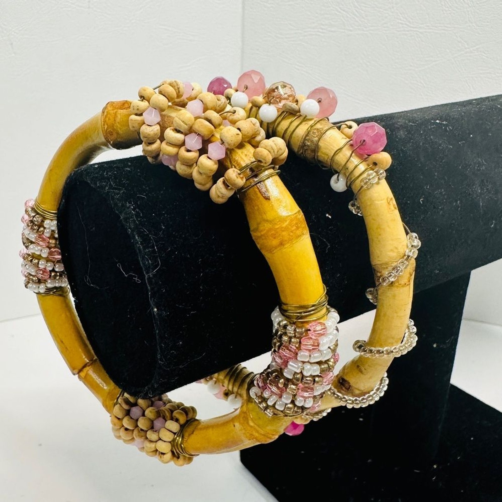 Two Vintage Hand Crafted Bamboo Bangle Bracelets With Pink White & Tan Beads