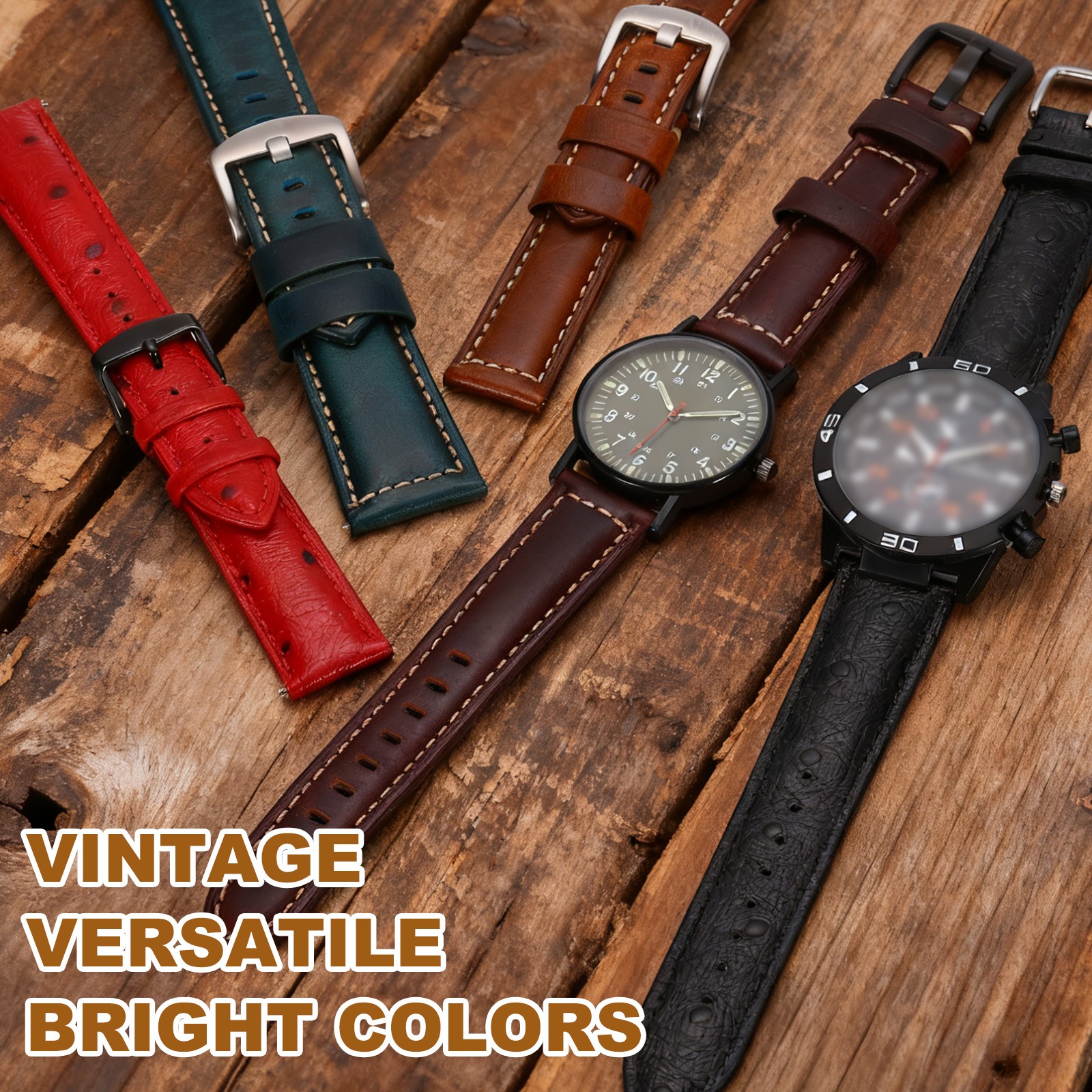 Leather Watch Band 0.83″ 21mm Top Grain Leather Watch Strap Black-Blue