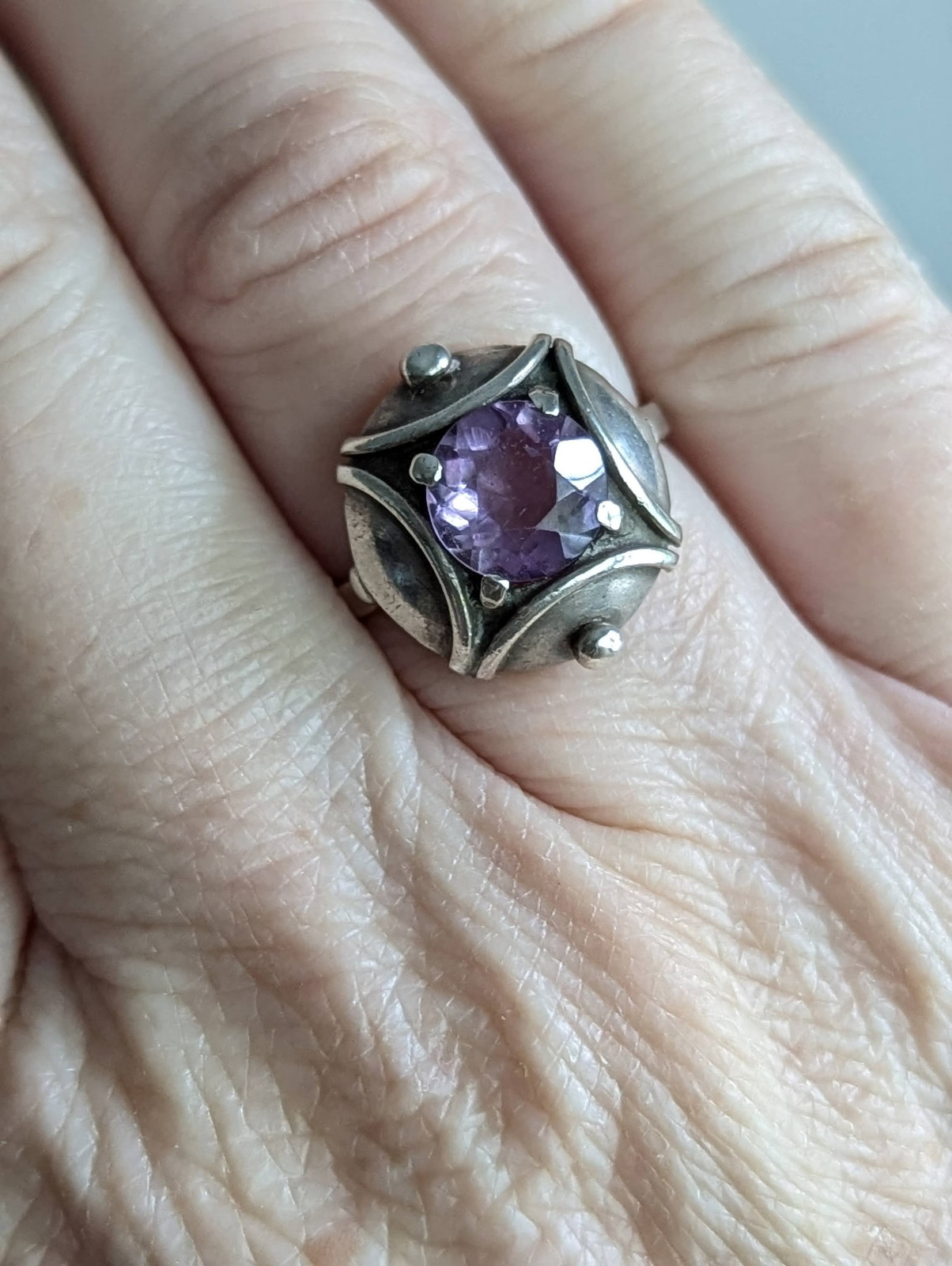 Vintage Amethyst & 835 Silver Ring-Unusual Setting-Lavender Gemstone