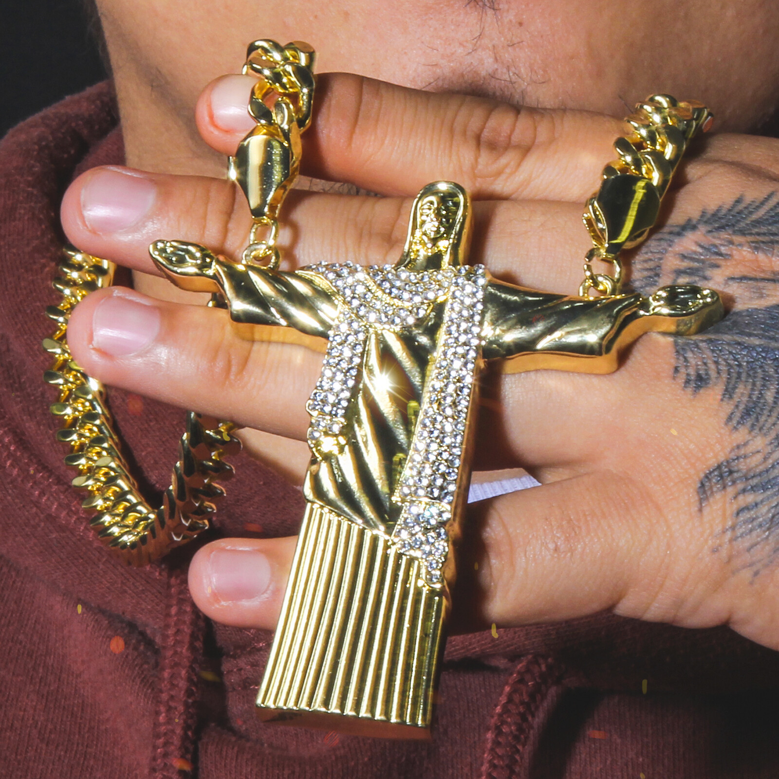 Gold Plated Huge Christ The Redeemer Pendant Cubic-Zirconia 30″ Cuban Chain