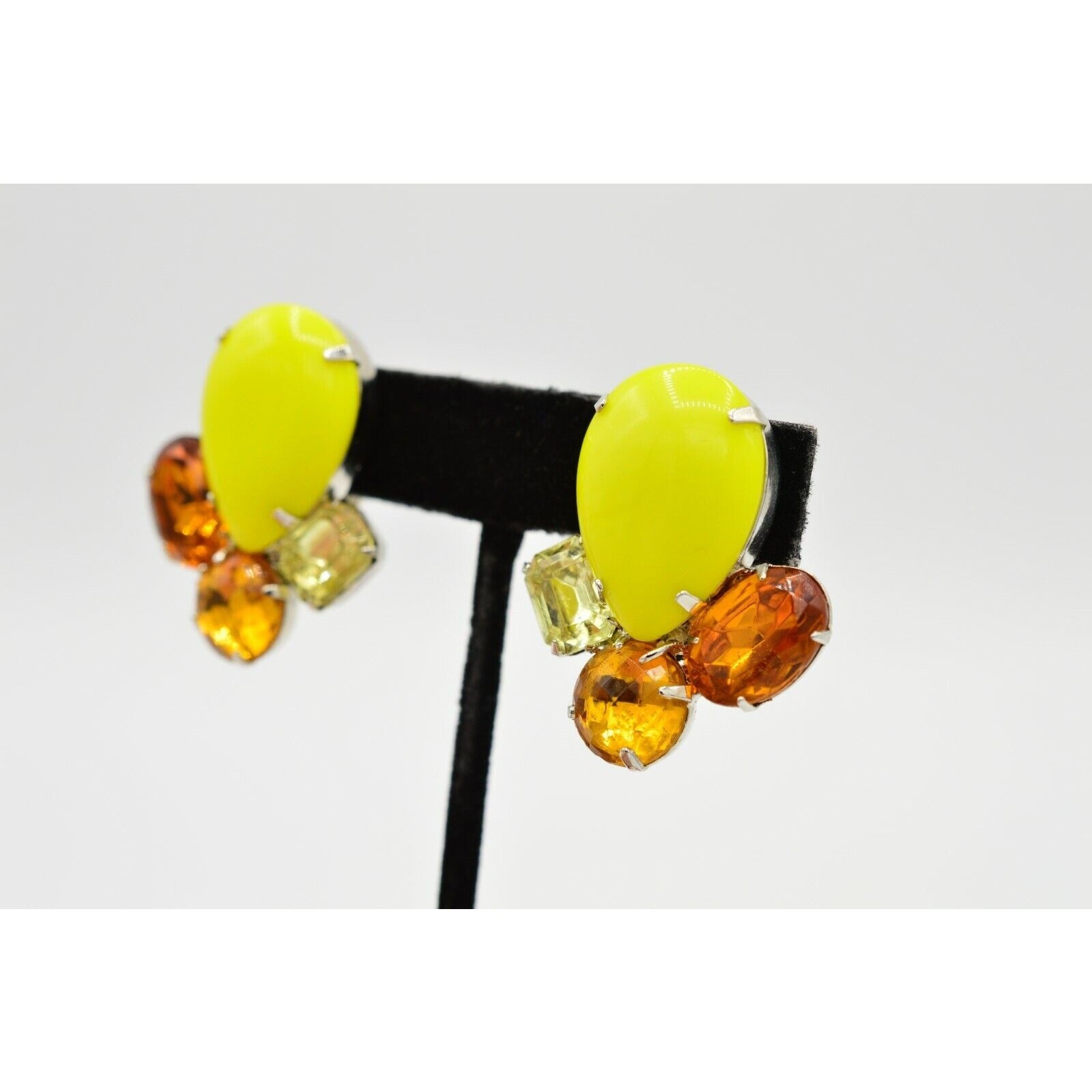 Vintage Crystal Cabochon Clip On Earrings Bezel Prong Neon Yellow Orange 80s W5