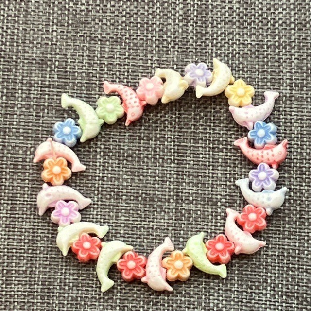 Small Beaded Stretch Bracelet 5.5 In Dolphin Flower Kids Multicolor Pastel Color