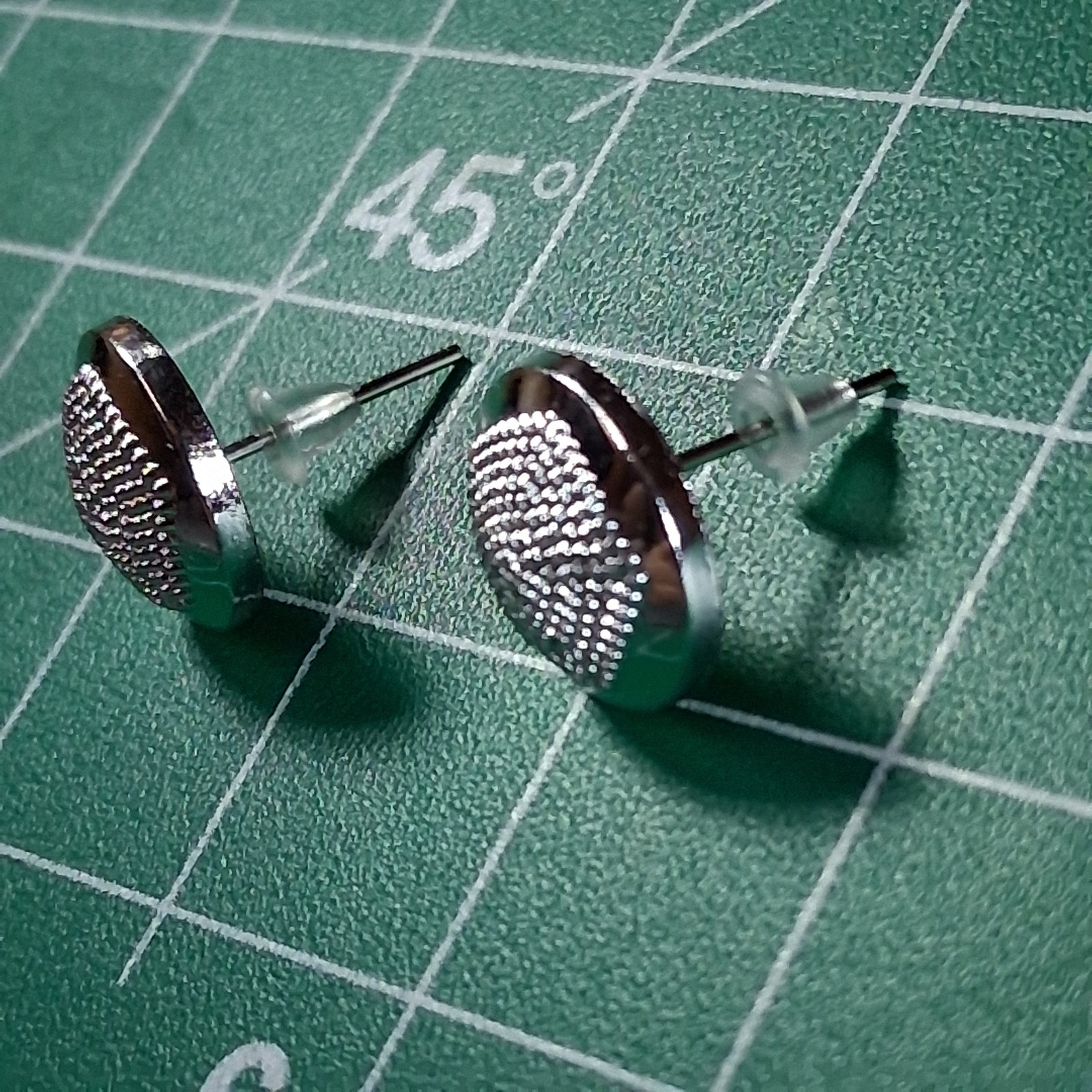 Polished Silver Tone Round Pentagon Textured Stud Earrings