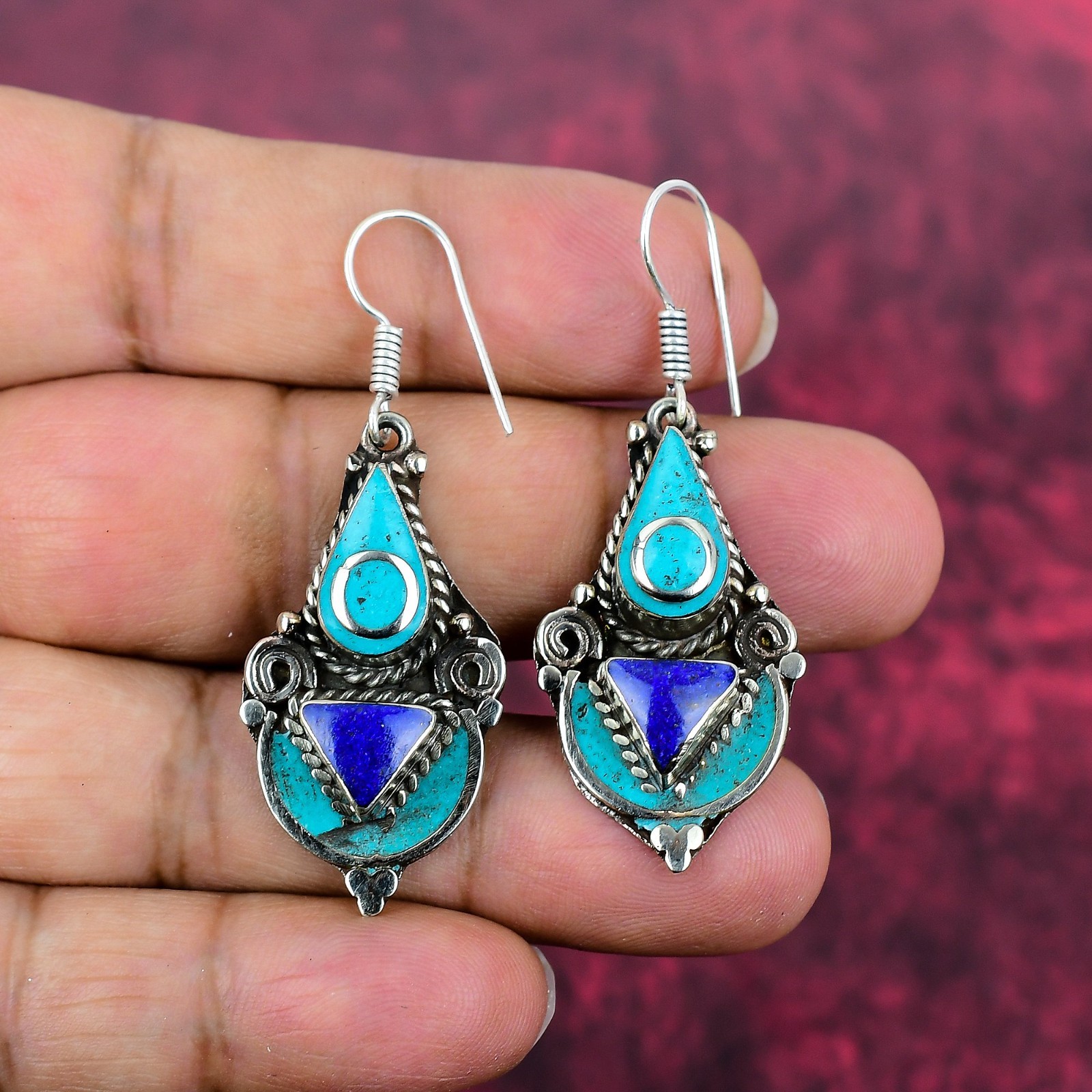 Turquoise & Lapis Lazuli Gemstone 925 Silver Earrings Handmade Nepali Jewelry