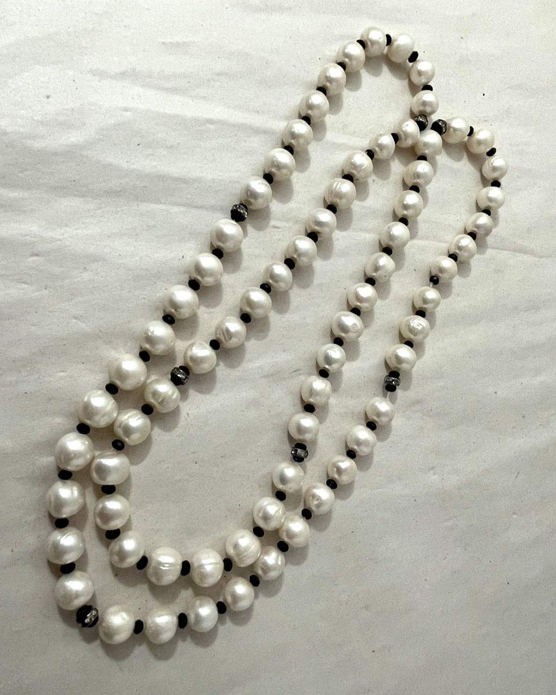 Long 36″ Freshwater Pearl Necklace Black Spacer Beads Statement Strand 132g