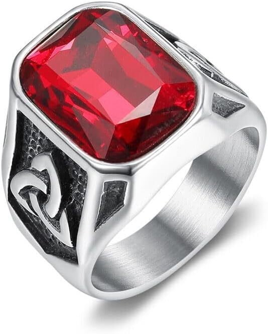 Creative Cool Personality Men’s Red Gem Ring Viking Titanium Steel Trend Jewelry