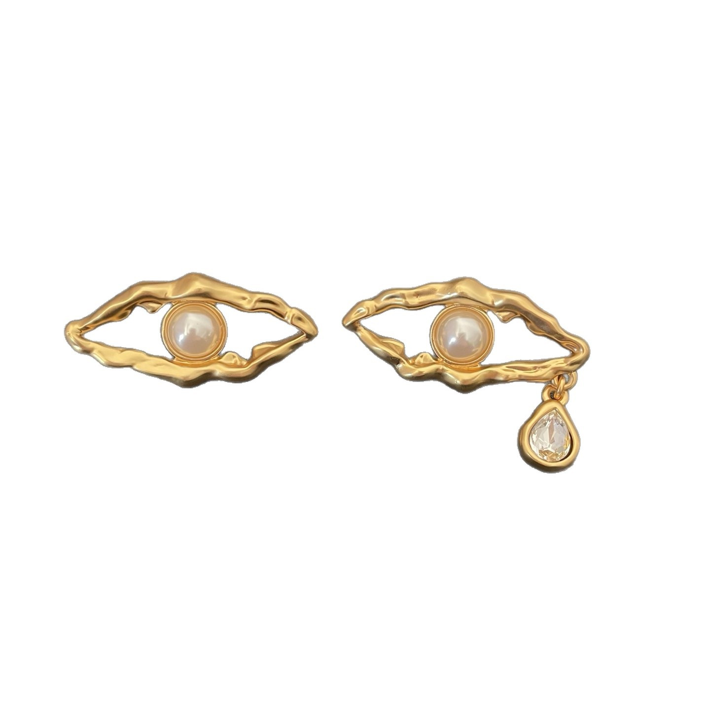 Schiaparelli Antique Gold Asymmetrical Eye Teardrop Designer Earrings