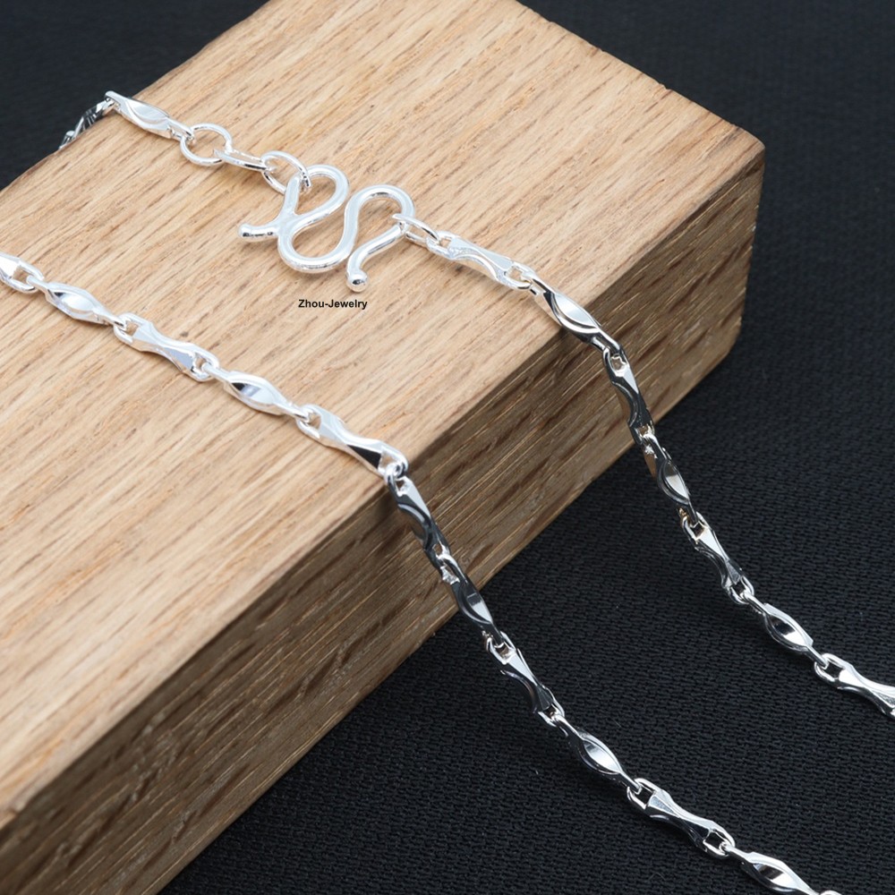 Pure 999 Fine Silver Necklace 2mm Yuanbao Bar Link Chain Women’s 17.7inch L