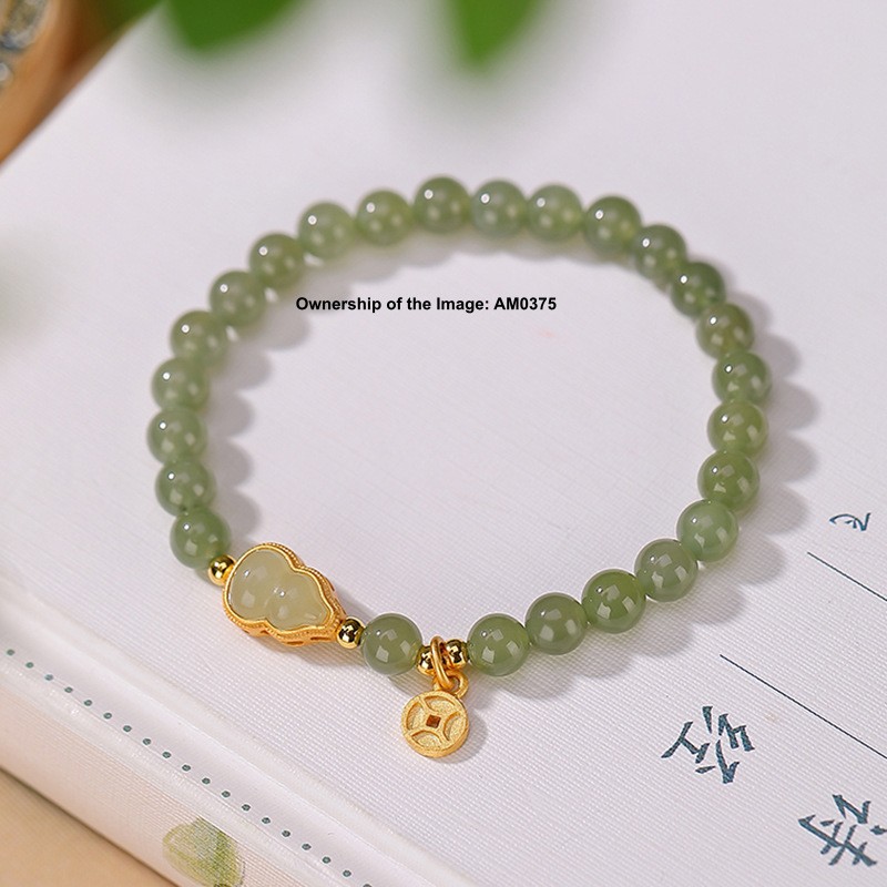 Natural Green Jade Nephrite Bead 925 Silver Gourd Women’s Bracelet 14-16cm