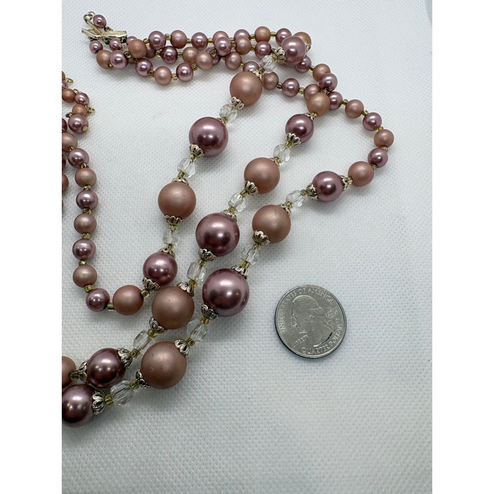 Vintage Japan Triple Strand Faux Pearl Necklace Mauve Rose Graduated Beaded
