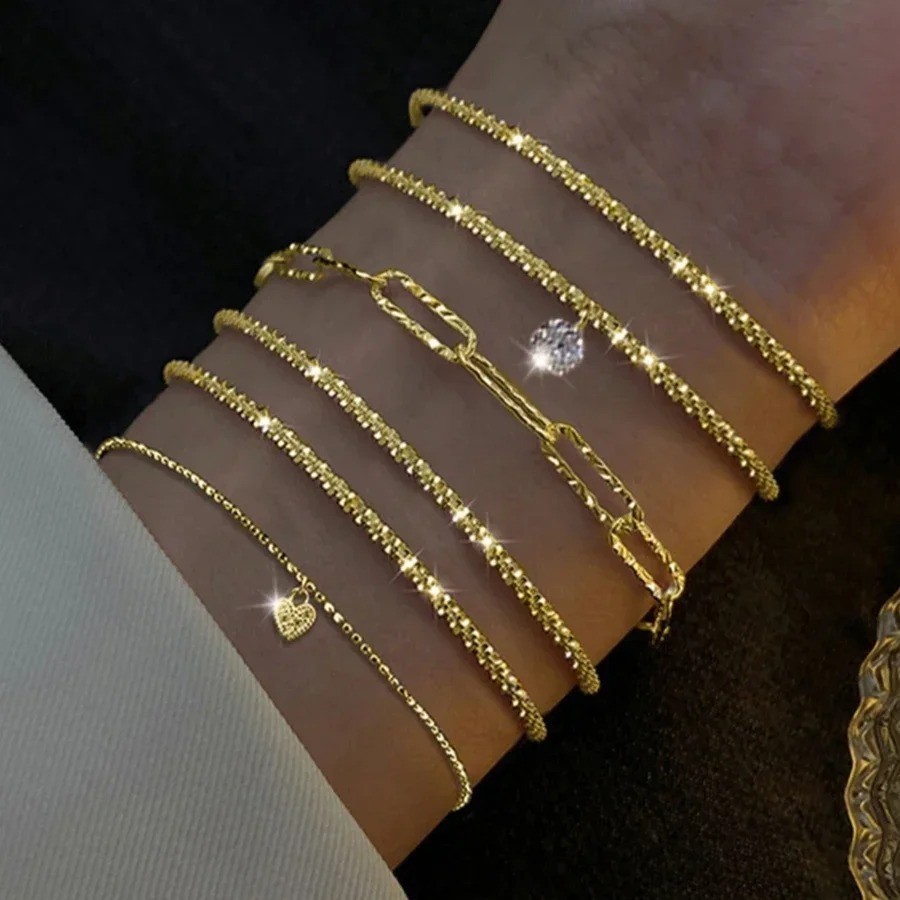 6PCS 925 Sterling Silver Rhinestone Bracelets Women Korean Jewelry Set