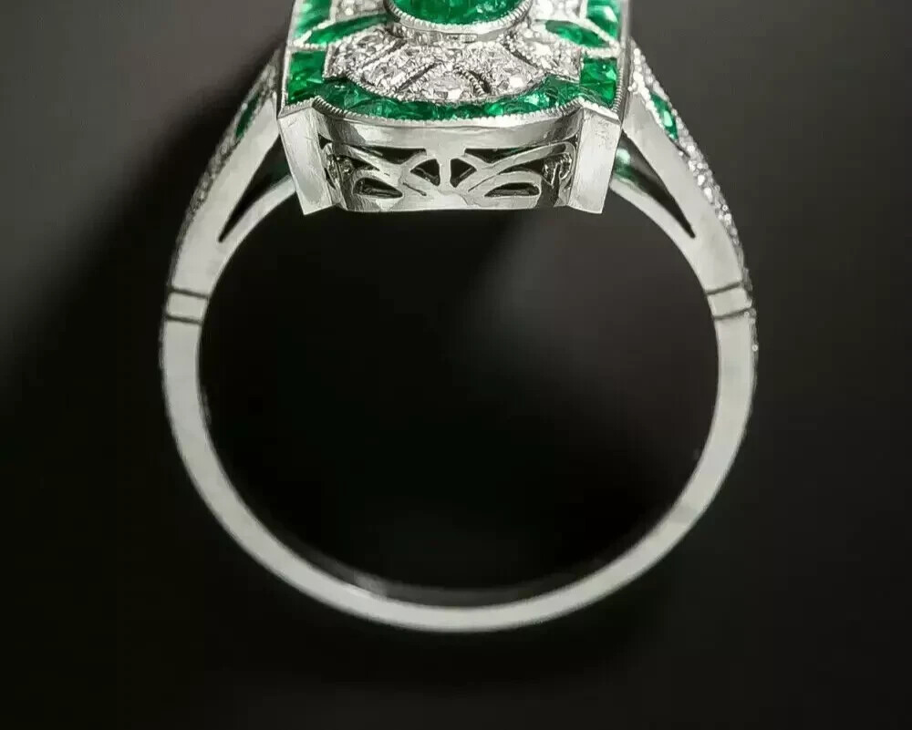 Art Deco Vintage Style Oval Emerald Milgrain Engagement 14K White Gold FN Ring