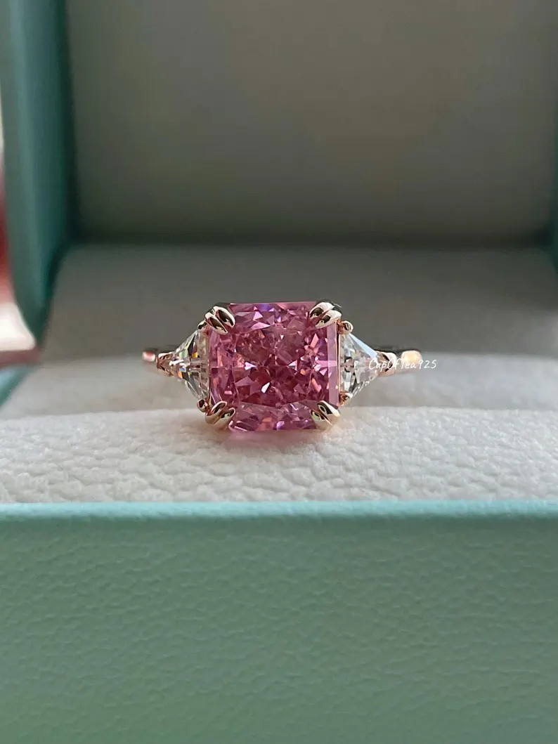 Pink Crushed Ice CZ Three Stone Ring, Rose Gold Vermeil