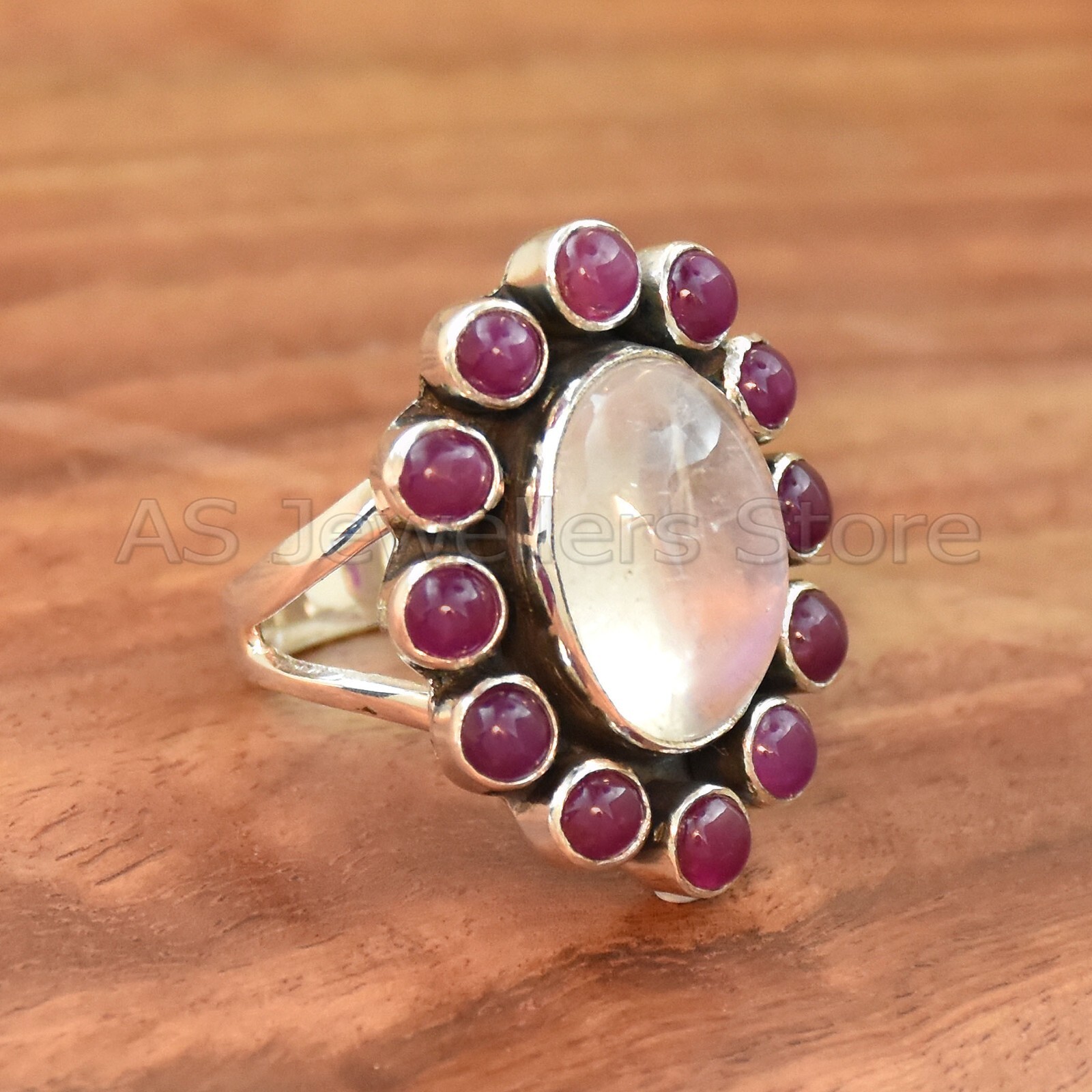 Rainbow Moonstone & Natural Ruby Ring, 925 Sterling Silver Ring, Handmade Ring