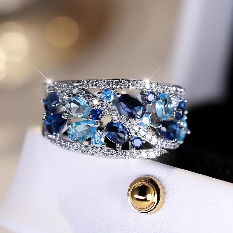 Elegant 925 Sterling Silver Blue White Topaz Wedding Engagement Ring Size 10