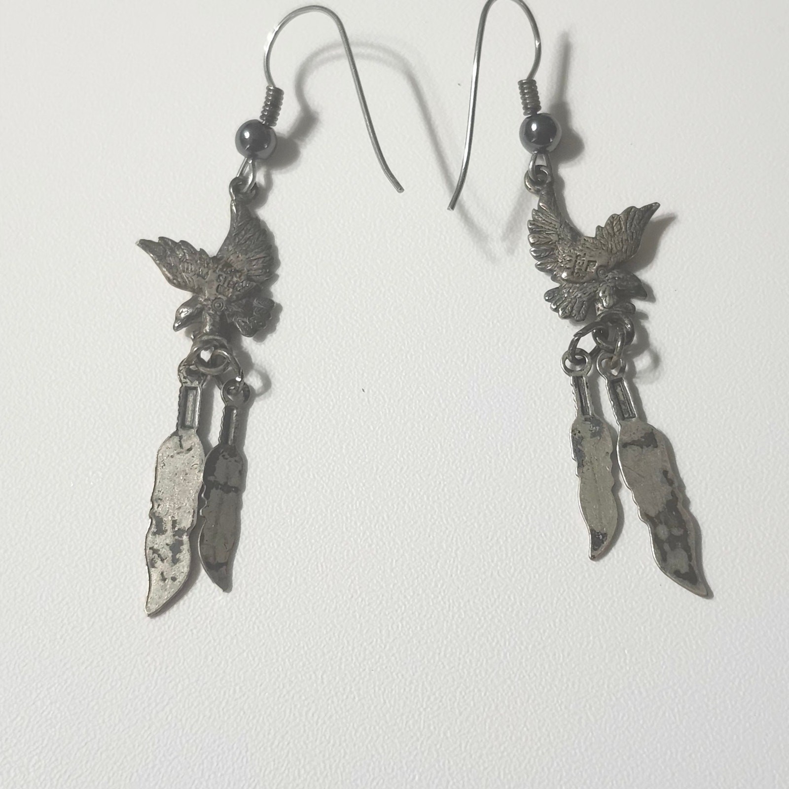 Sterling Silver Eagle Feather Dangle Earrings Bird Western Hook Pierced 5.59g