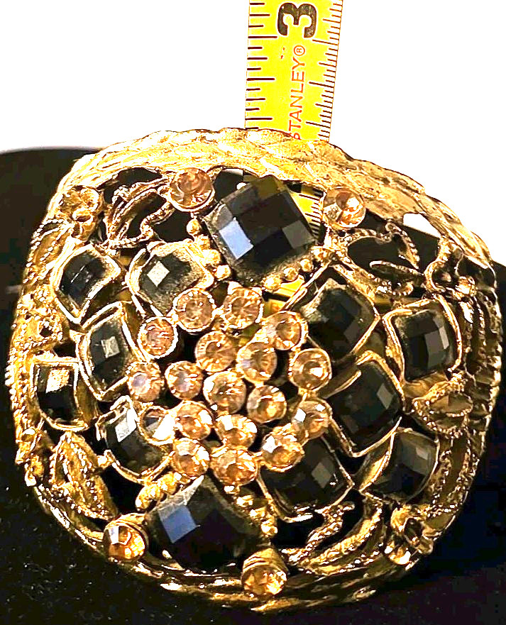 Hinged Bangle Fashion Bling Bracelet with Filgree and Black Rhinestones