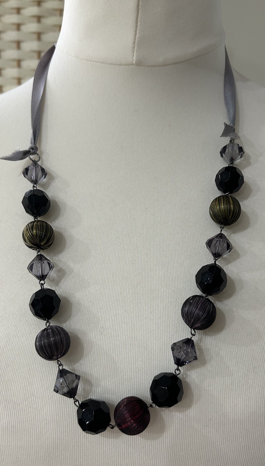 Boho Antique Designer Look Black & Multicolour Necklace Covered Bead Ribbon