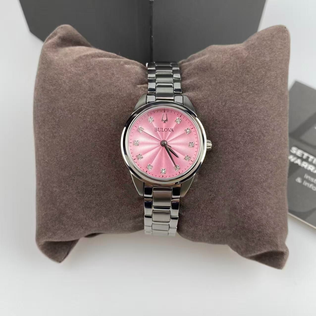 Bulova Sutton 96P249 Pink Diamond Dial Stainless Steel Women’s Quartz Watch 28mm
