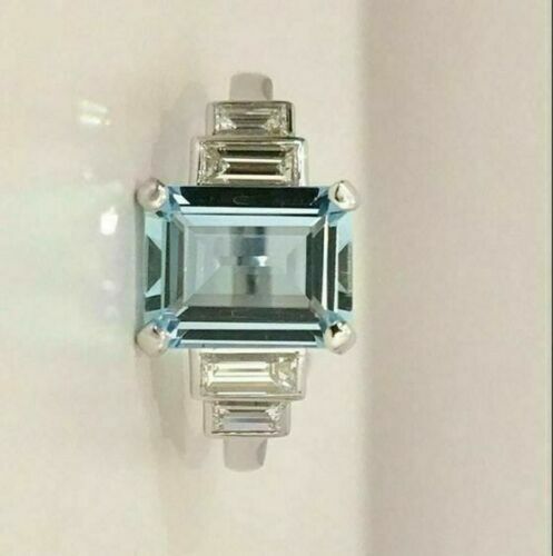 2.60CT Emerald Cut Aquamarine & Diamond Engagement Ring In 935 Argentium Silver