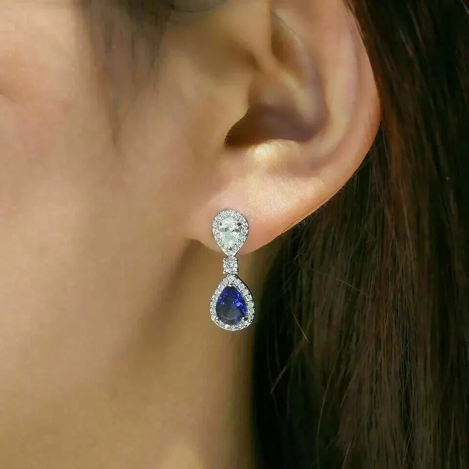 2.30Ct Pear Cut Simulated Sapphire Drop/Dangle Earring In 14K White Gold Plated