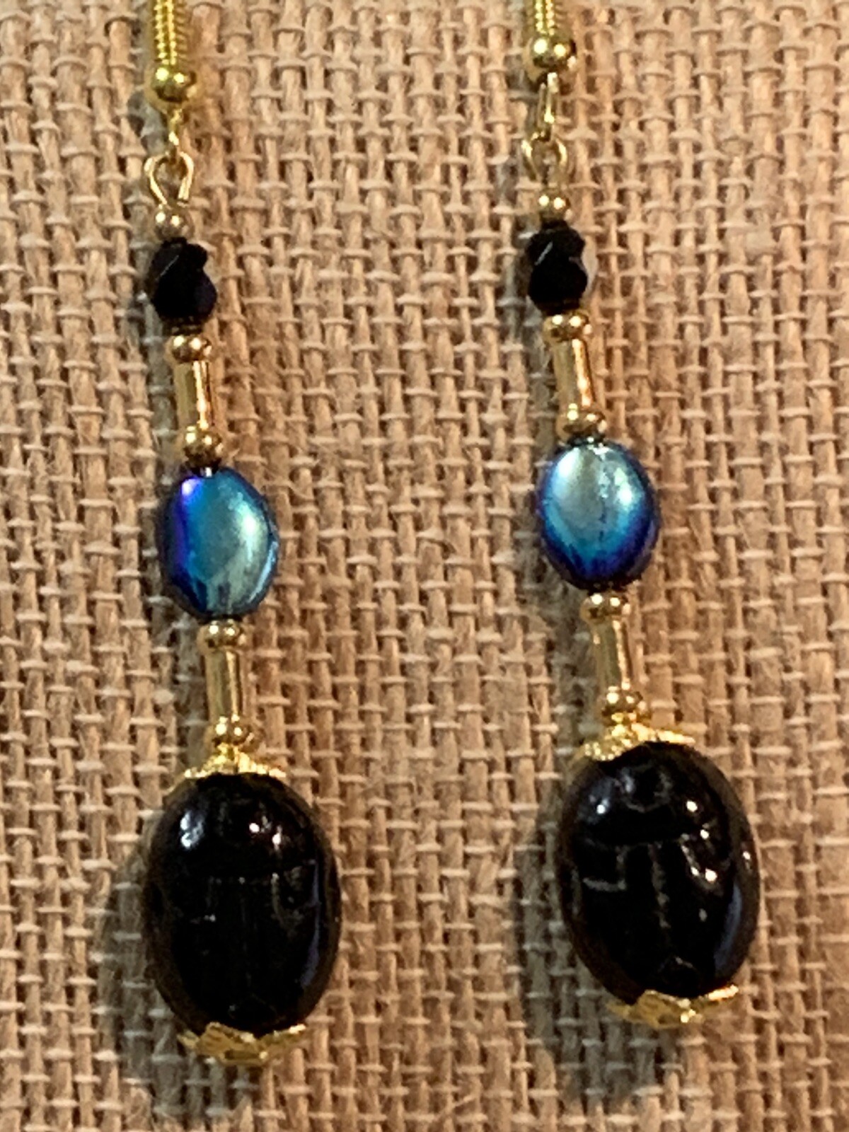 NEW ITEM*VTG.CZECH JET/ROSE GOLD AURORA IRIDESCENT CRYSTAL EGYPT SCARAB EARRINGS
