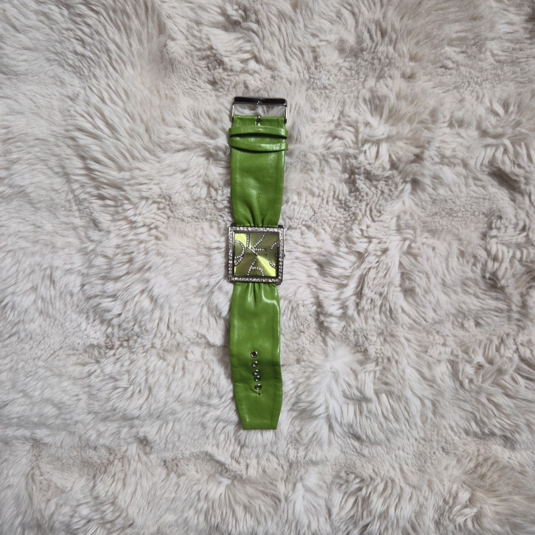 Vintage Y2K Watch Large Green Faux Leather Fabric Band Unique Rare Rhinestone