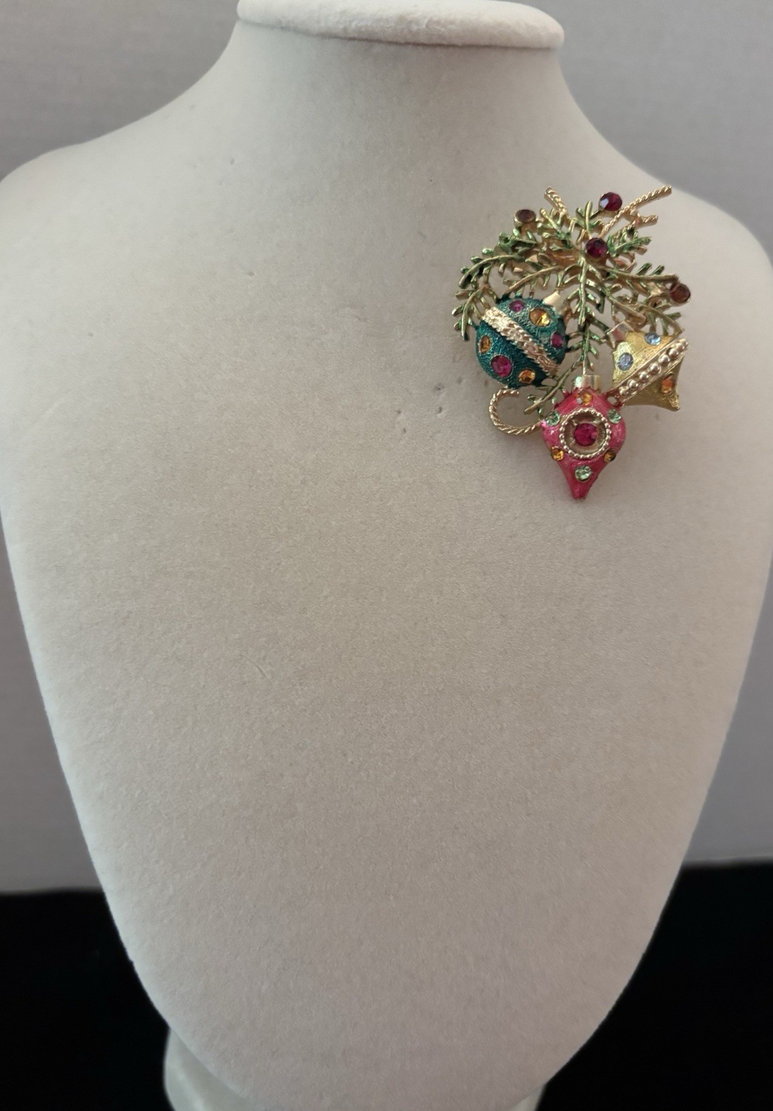 Vintage Christmas Ornament Brooch Rhinestone Enamel Holiday Tree Branch Pin 2”