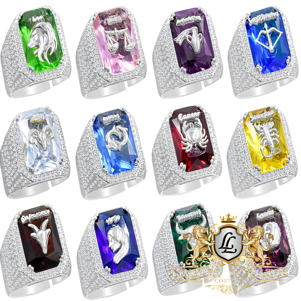 Mens Lucky Birth Stone Zodiac Sign White Gold Finish Good Luck Pinky Ring Band