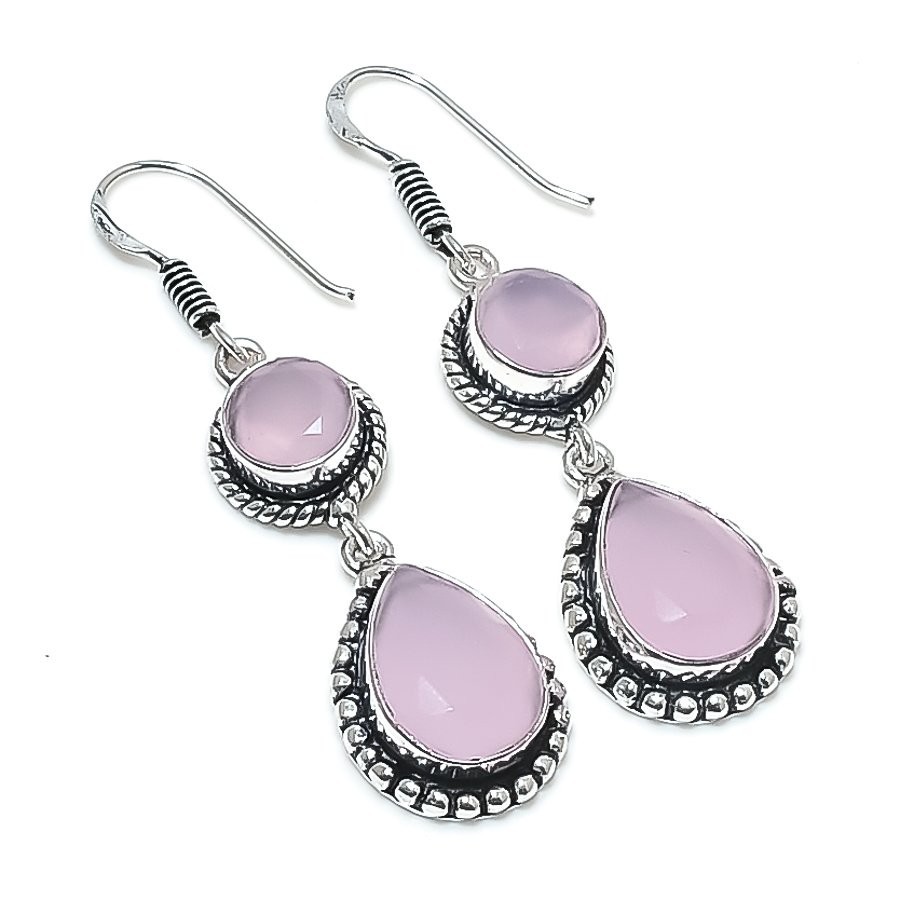 Pink Rose Quartz Handmade Gemstone 925 Sterling Silver Jewelry Earring Size 2″