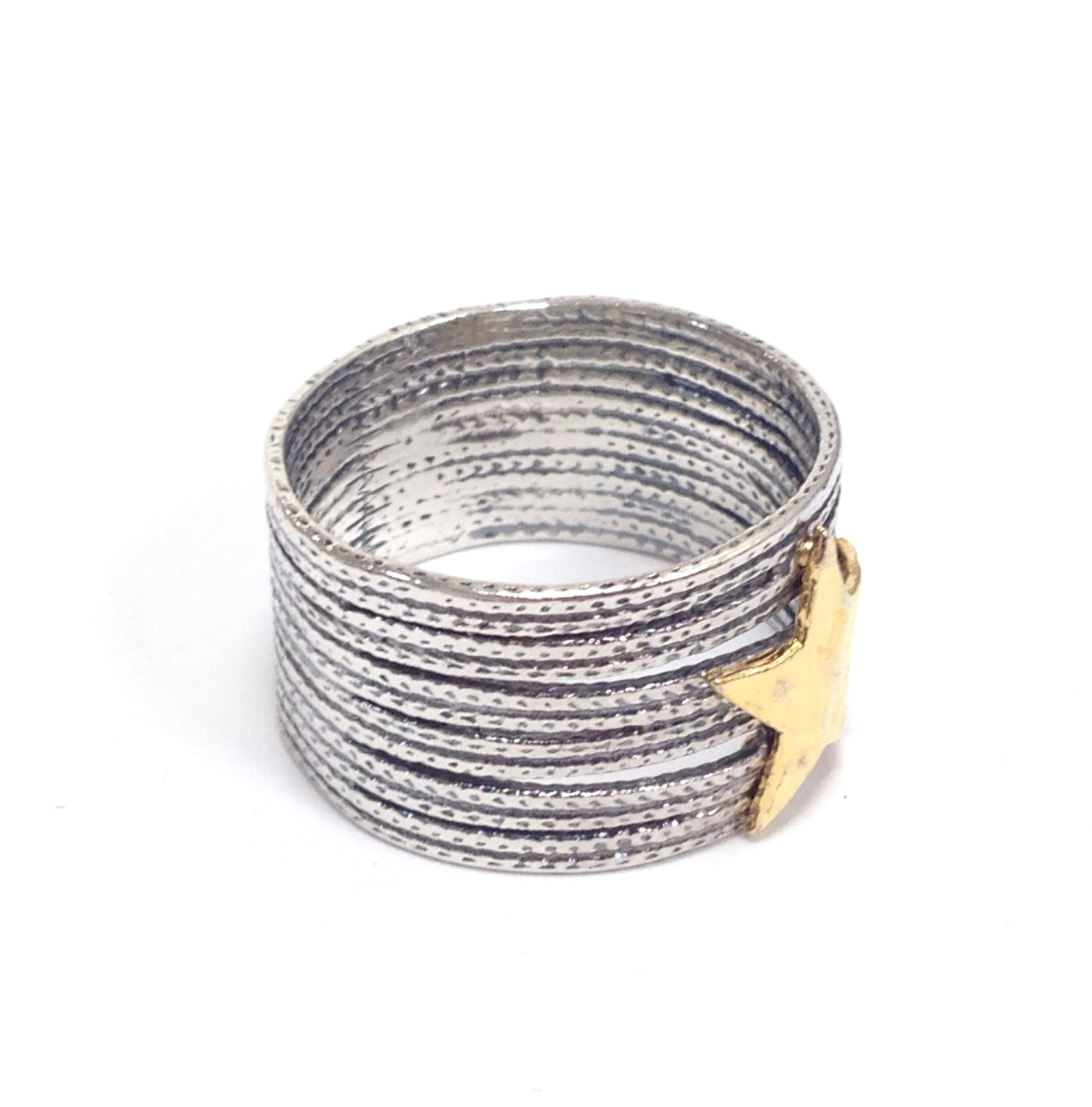 PZ Israel Paz Creations Sterling Silver Gold Tone Star Wide Band Ring Size 10.5