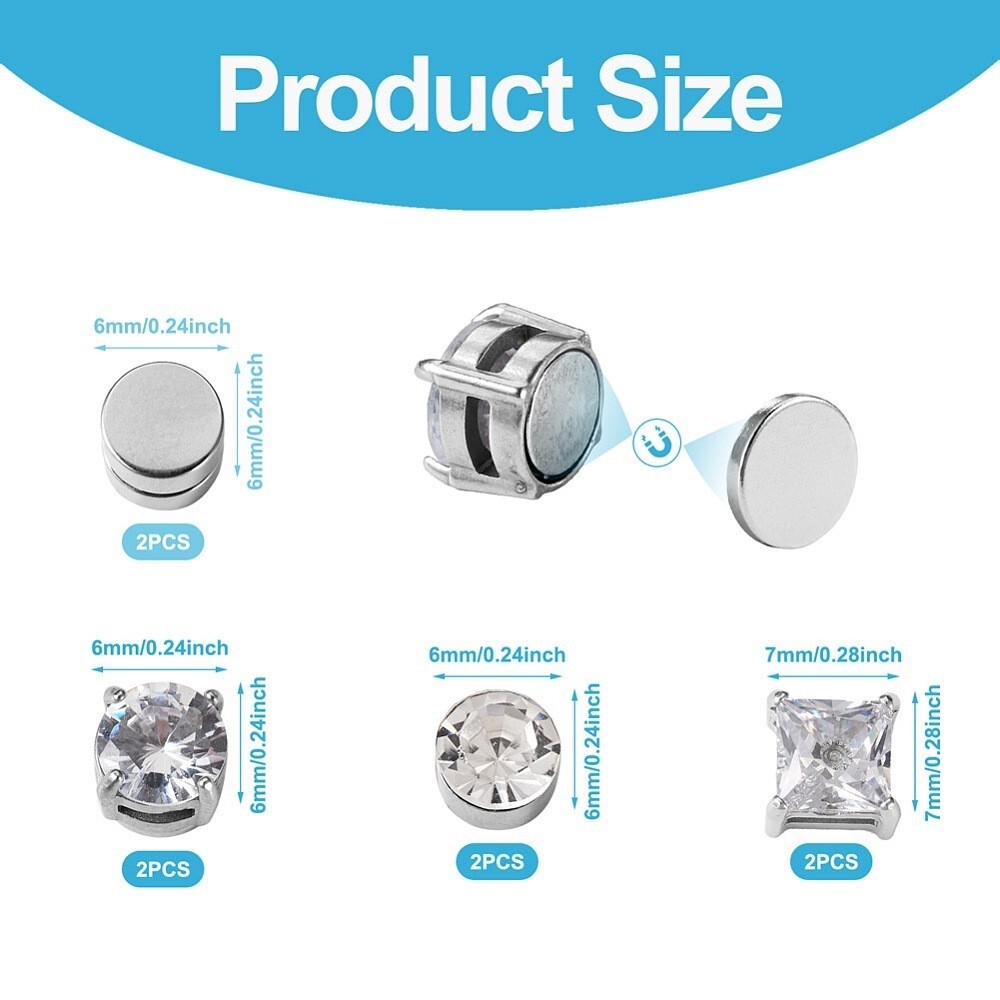 3 Pair Men Women Stainless Steel Magnetic Stud Earrings Non-Piercing Clip on E41