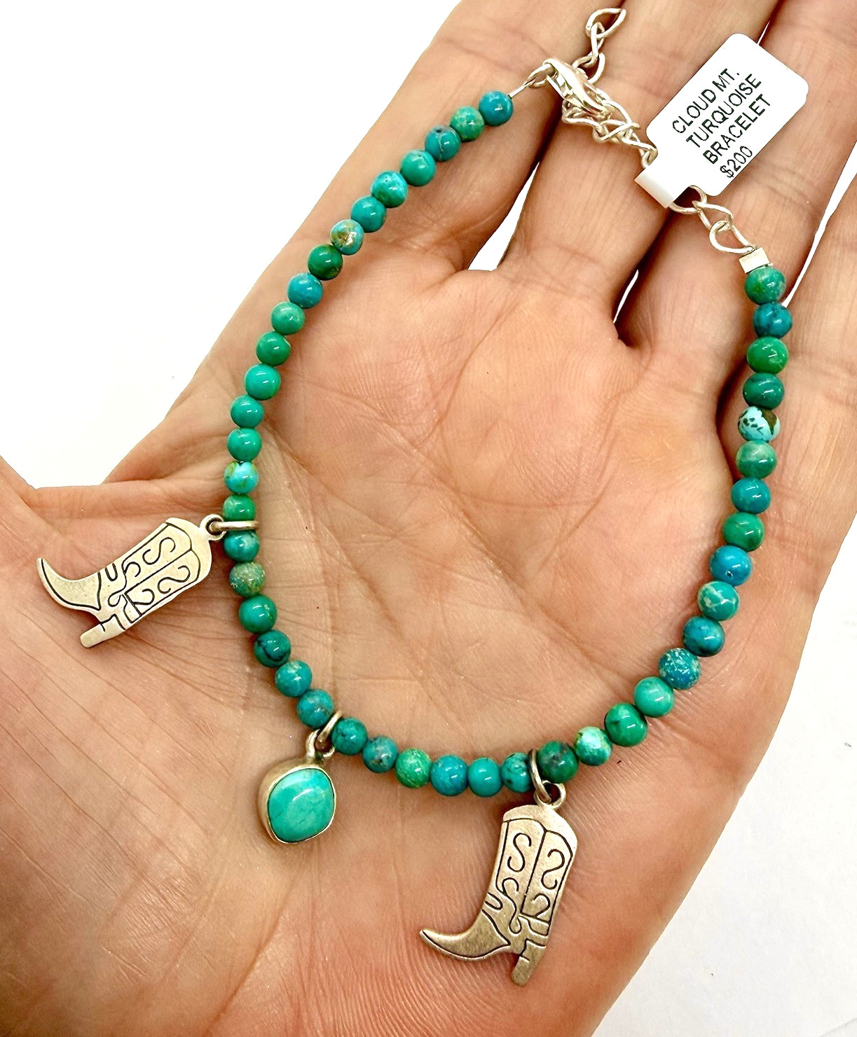 Southwestern Turquoise Beaded Bracelet W Sterling Cowboy Boot Sterling Charms