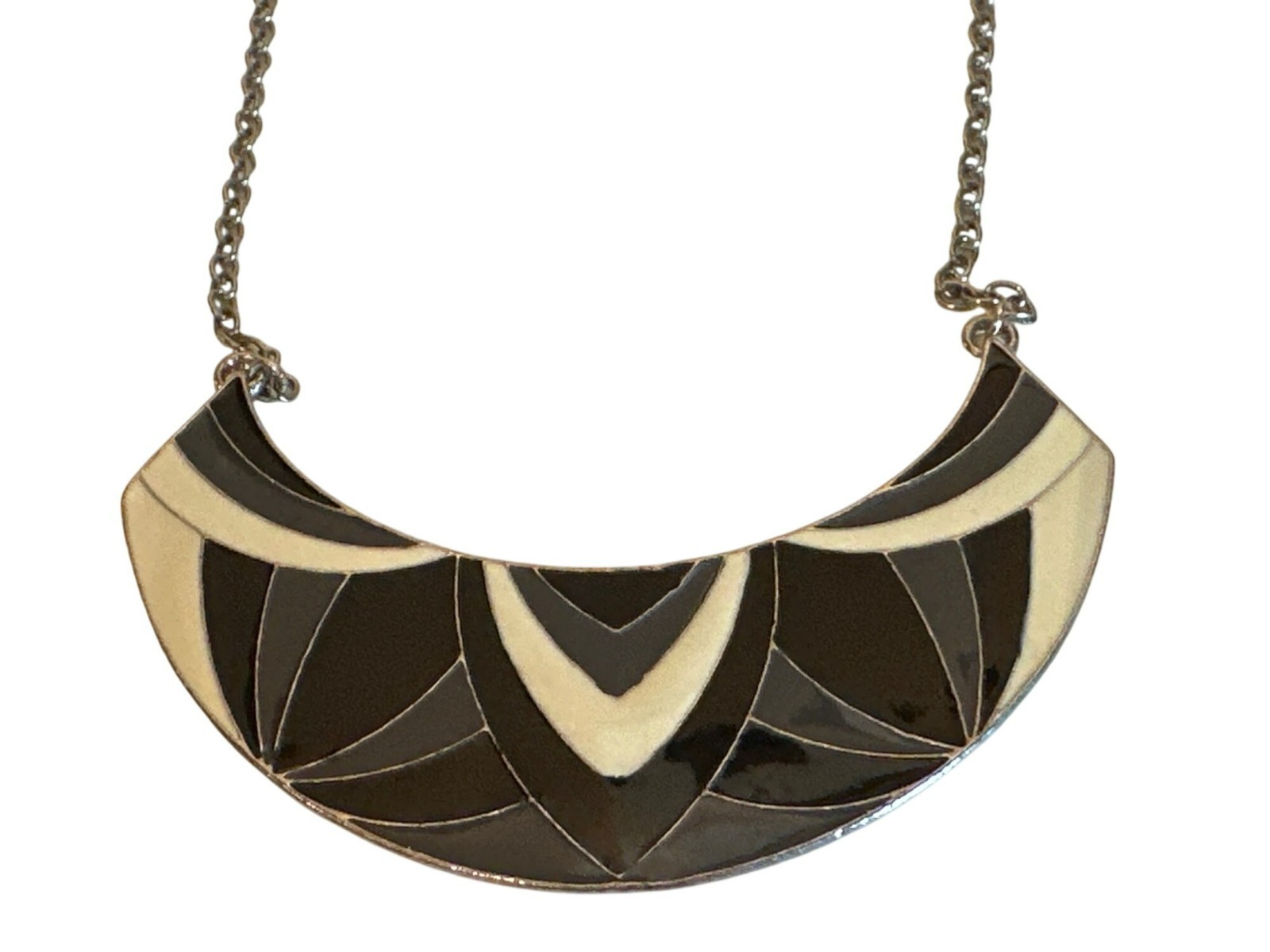 Black & Cream Geometric Statement Bib Necklace Chain Career Art 27 inches