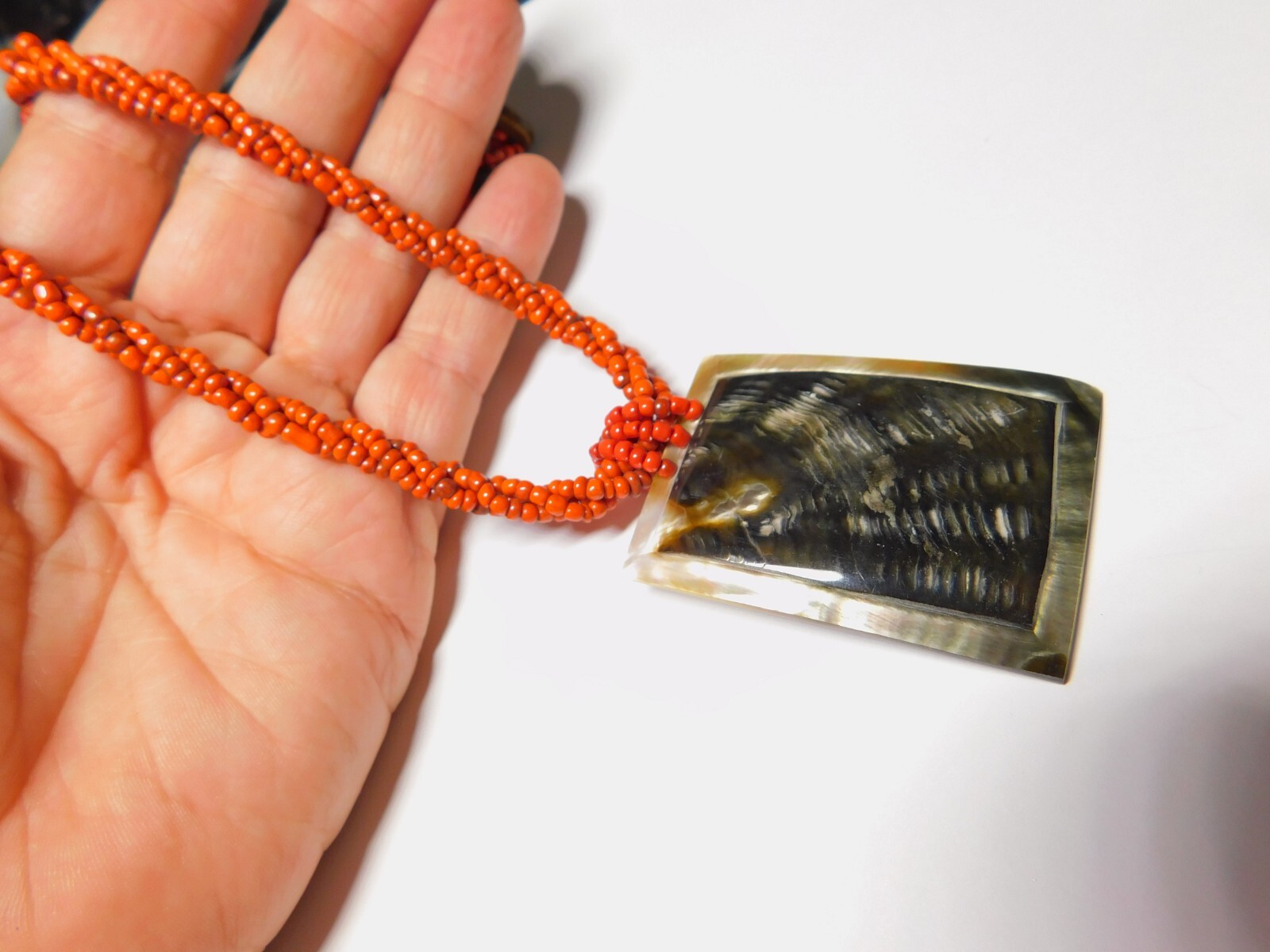 Orange Glass Bead Woven Rectangle Shell Pendant Necklace Vintage