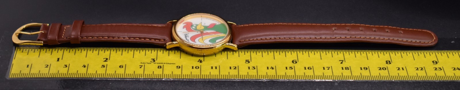 Vintage 1996 Kellogg’s Corn Flakes Corny Rooster Watch Gold Tone Brown Leather