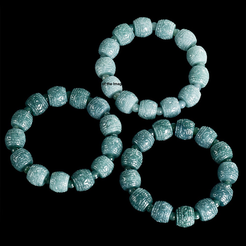 Natural Blue Water Jadeite Carved Barrel Bead Stretch Bracelet -Grade A Jade
