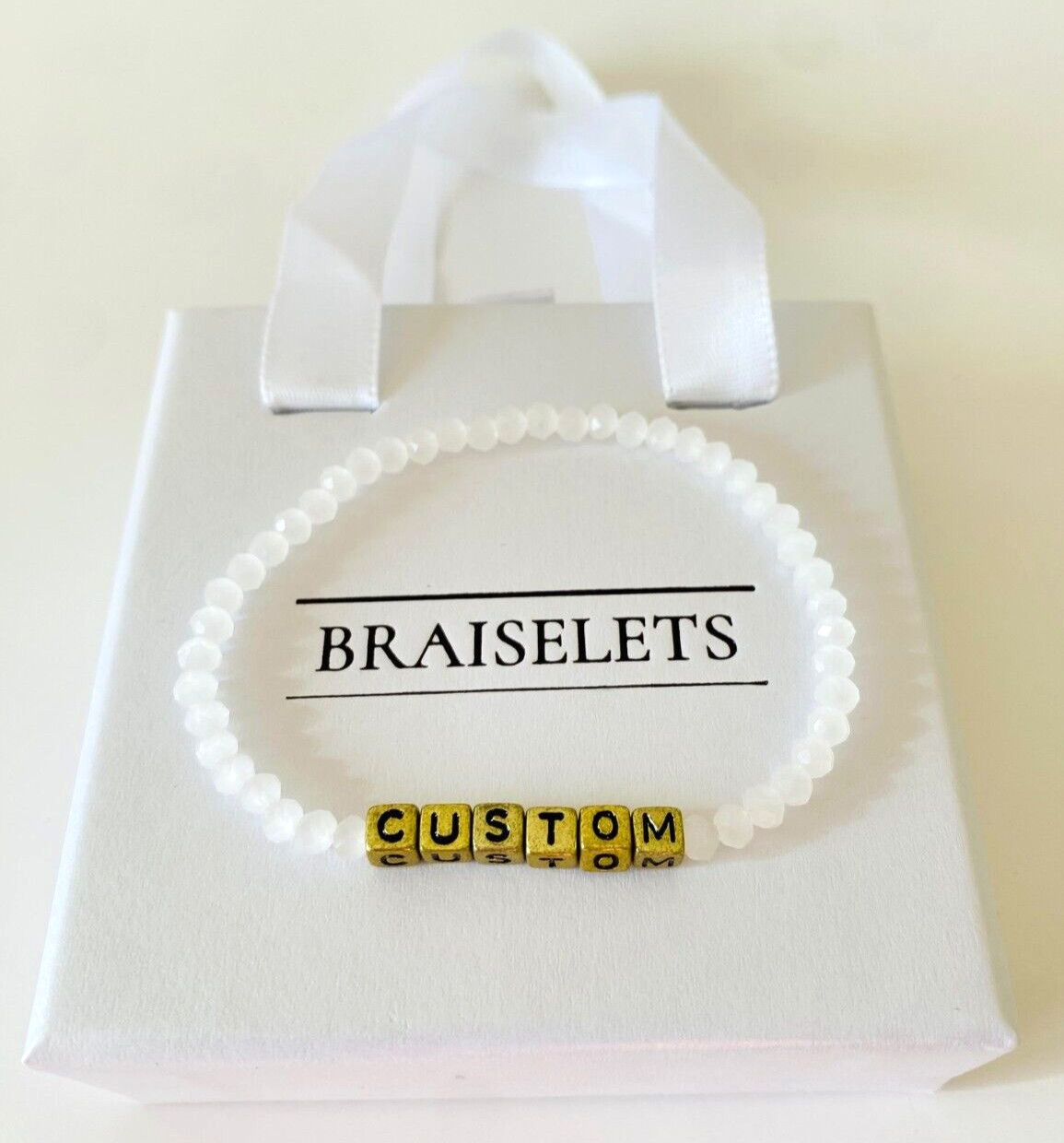 Personalized Name Bracelet 4mm White Beads Gold Letters For Women Dainty Jewelry