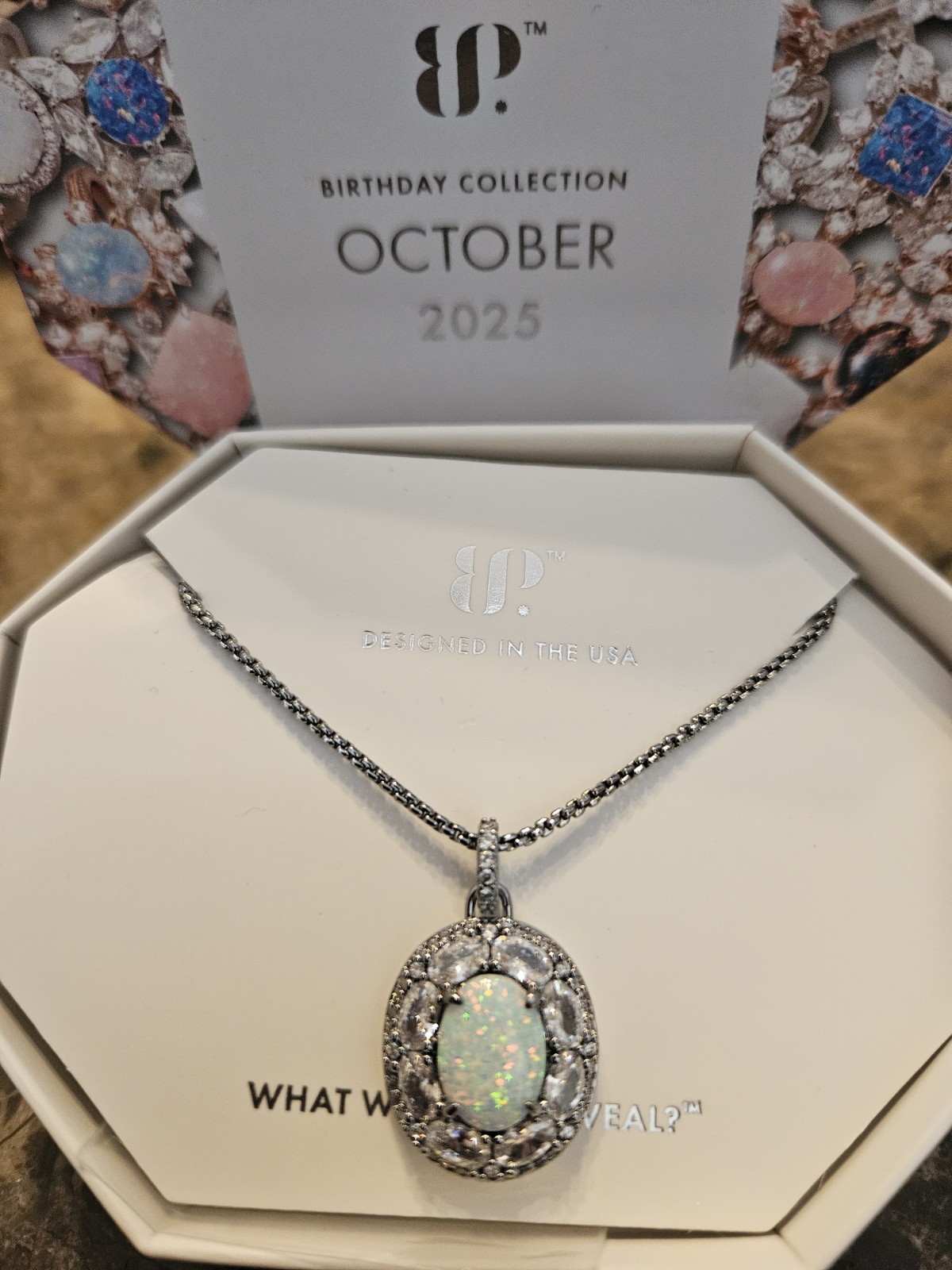 Bomb Party October 2025 White Opal On Hematite Plating Necklace NEW