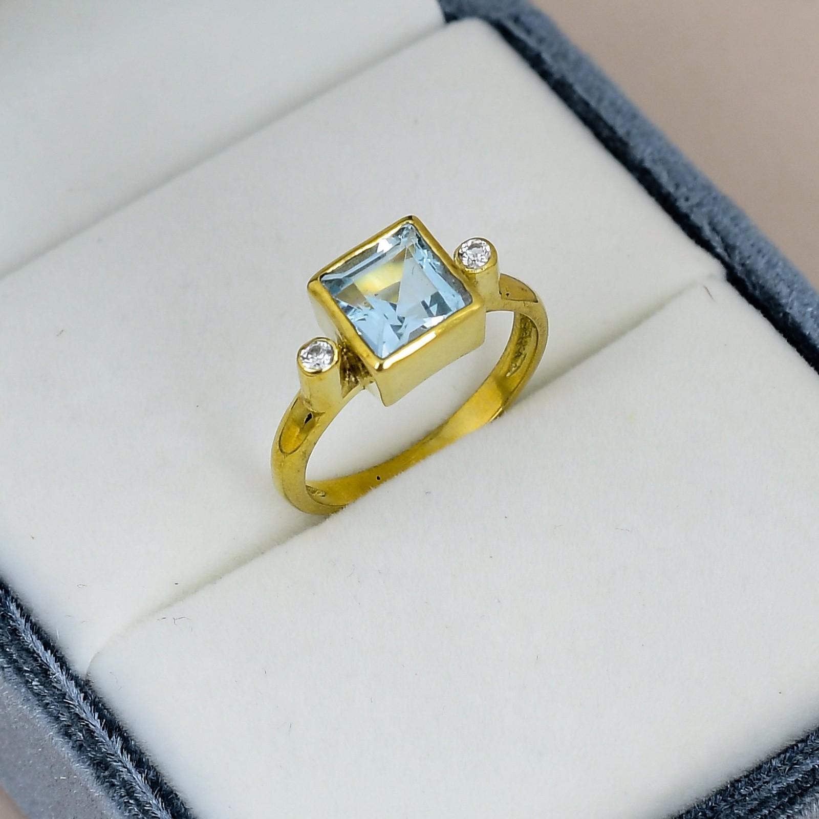 Blue Topaz Square Bezel 18K Gold Plated Ring Minimalist Gift for Her Jewelry