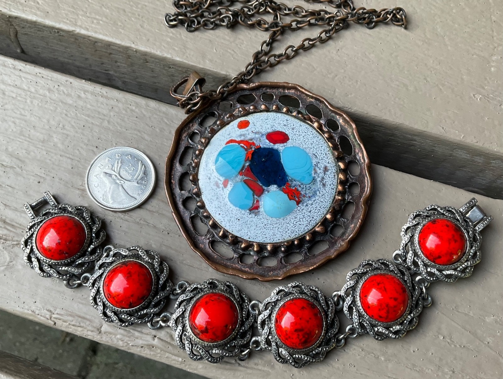 Vintage MCM Modern CERAMIC Lava BRACELET, Big ENAMEL COPPER Pendant NECKLACE