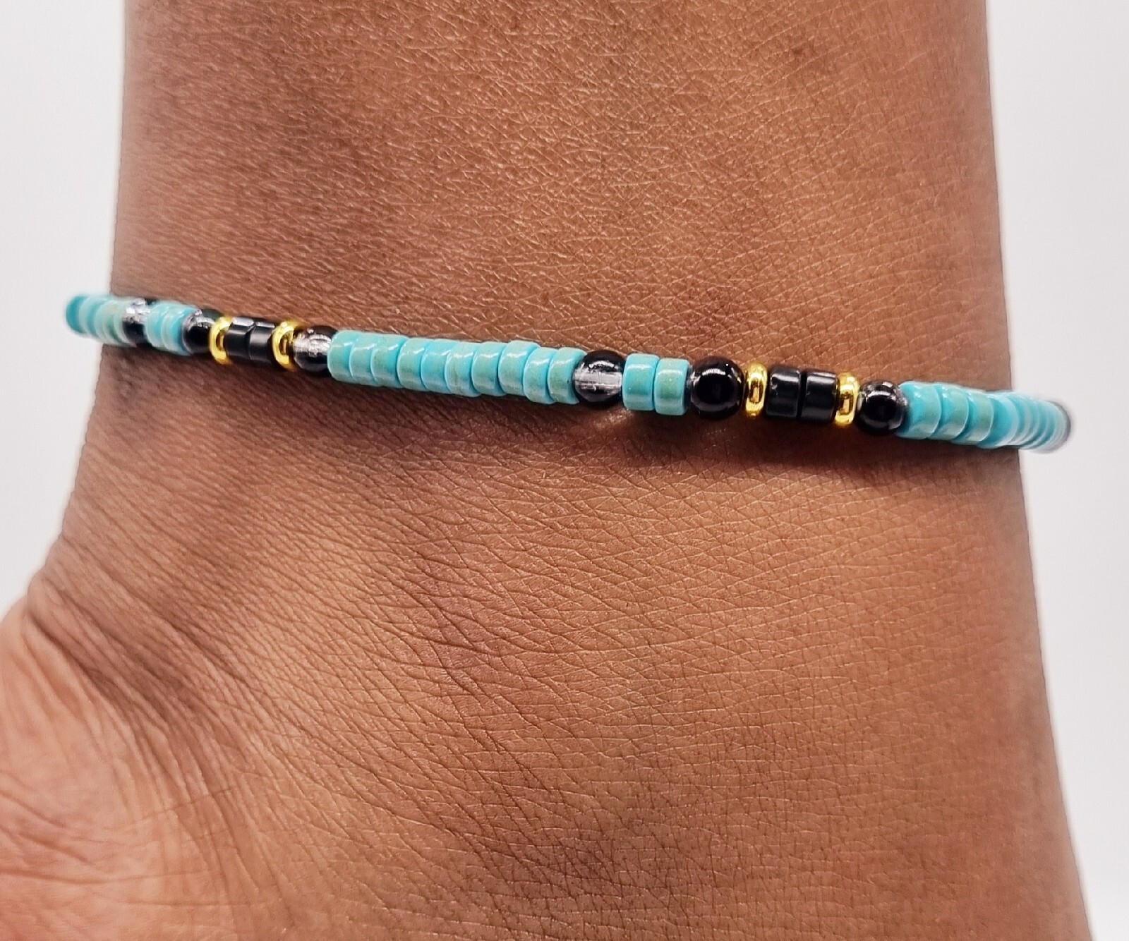 Natural Turquoise And Black Agate Heishi Bead elastic anklet with 25cm