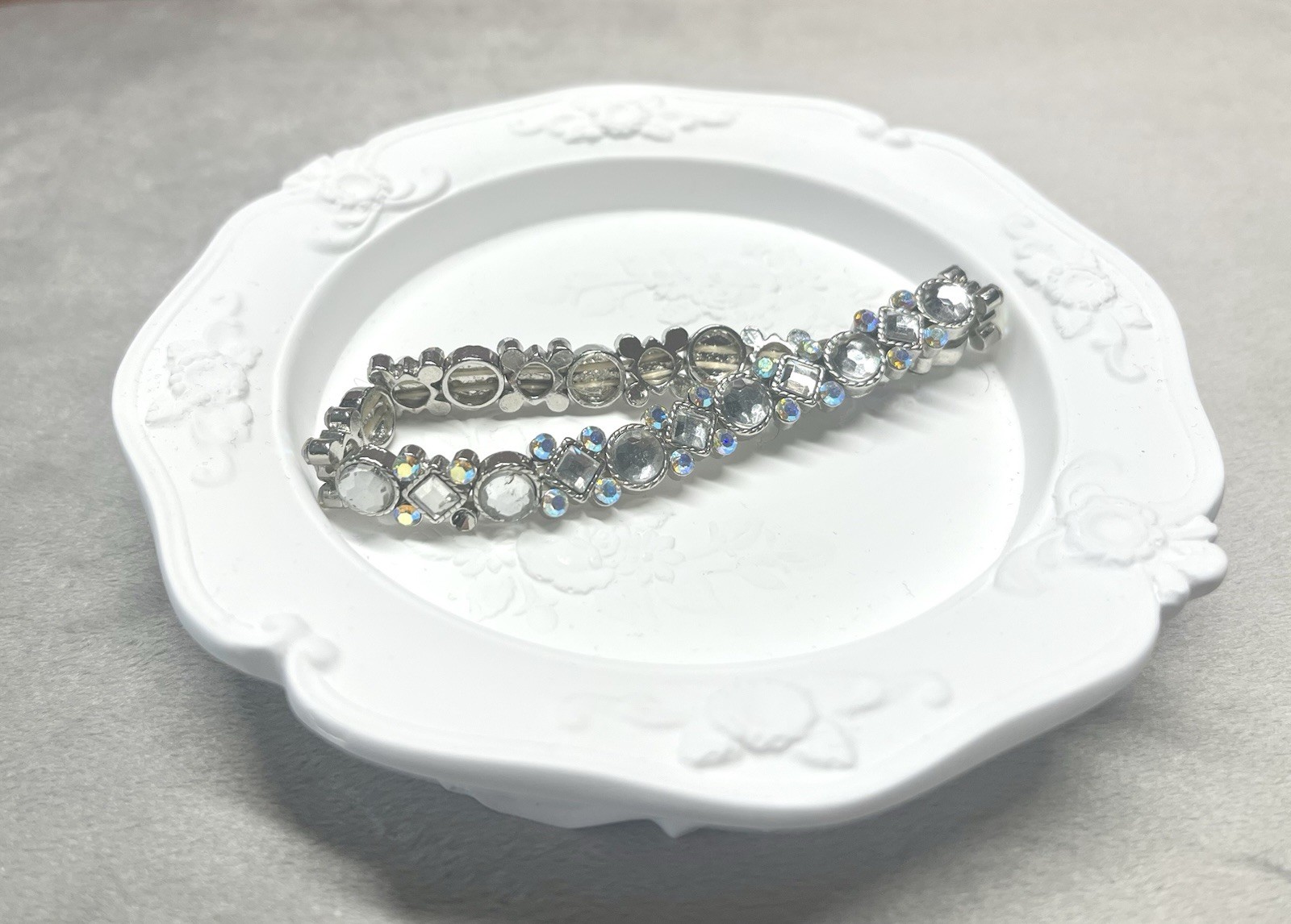 Vintage Aurora Borealis AB Rhinestone Stretch Bracelet Silver Tone Crystal