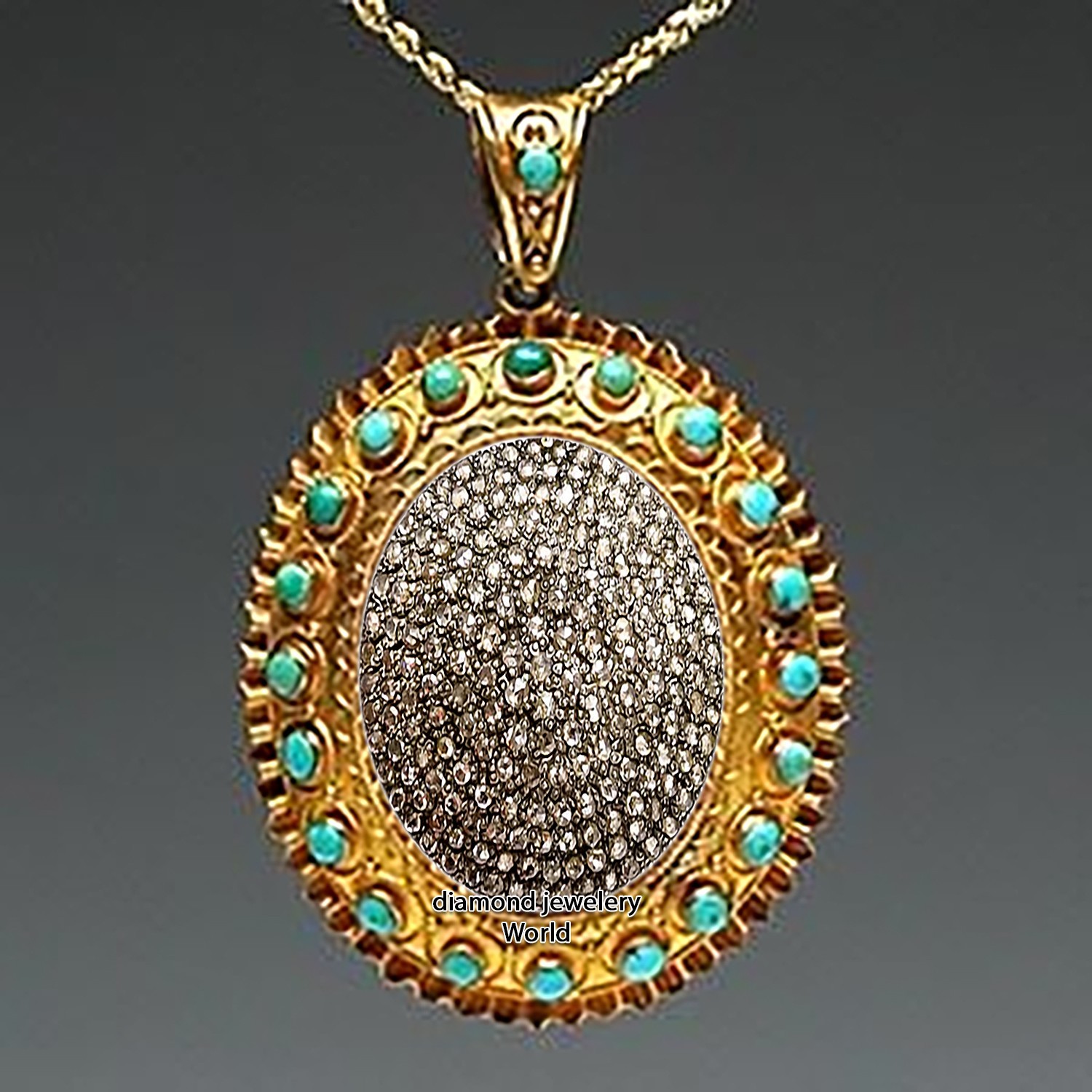 Vintage 1.85ct Rose Cut Diamond Turquoise Studded Silver Amazing Pendant Jewelry