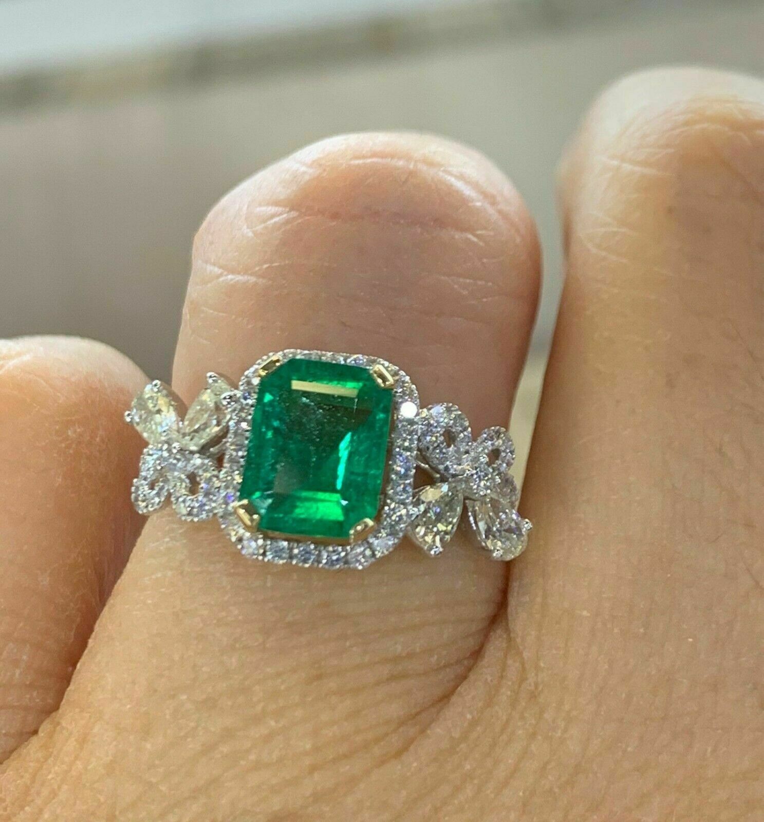 3.08 Ct Emerald Cut Natural Emerald Diamond Wedding Ring 14K White Gold Size 7