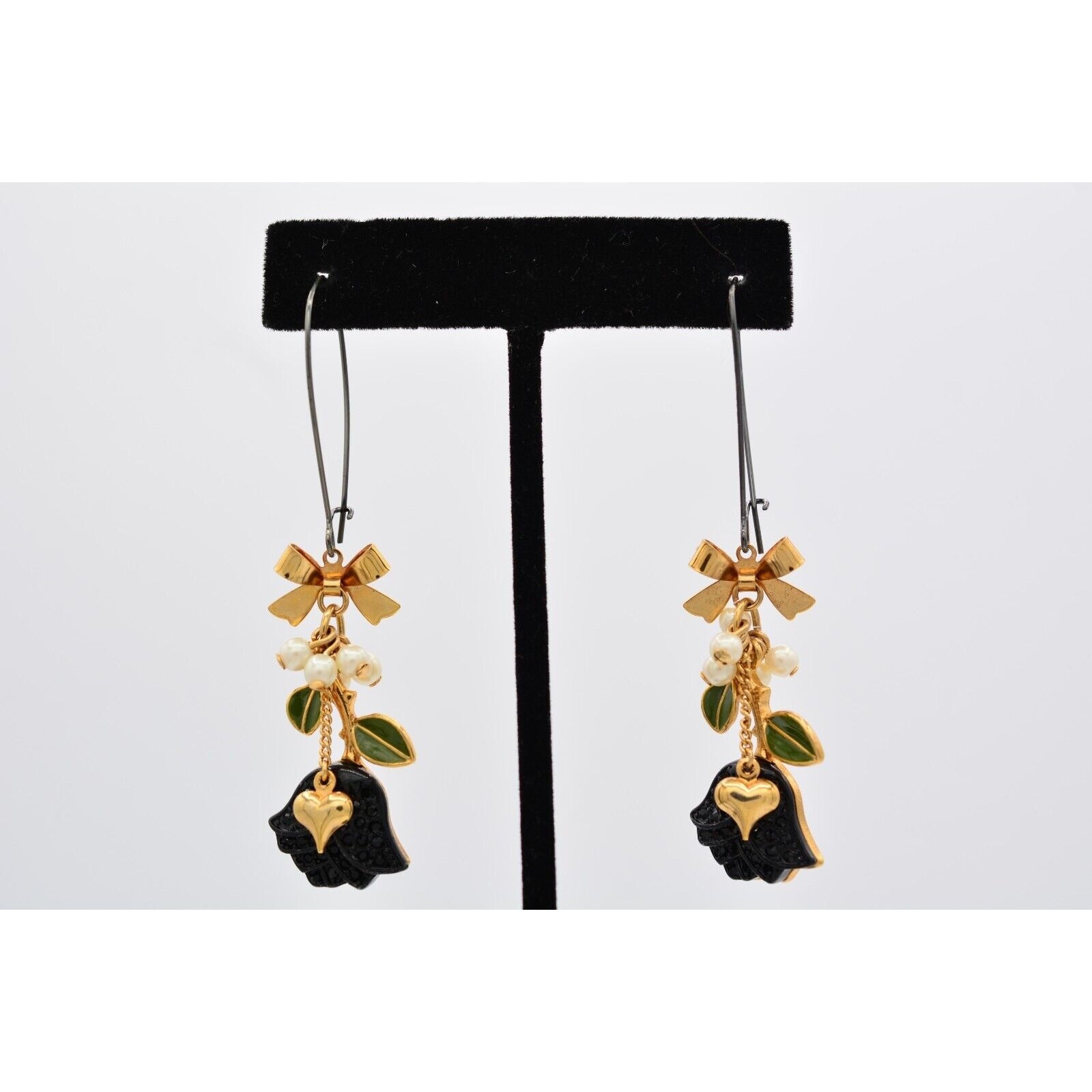 Betsey Johnson Flower Drop Earrings Black Rose Crystal Dangle Bow Heart Y2K 9G